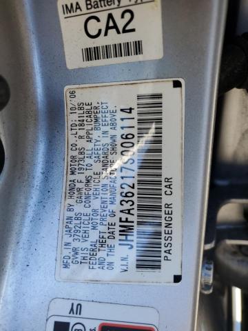 JHMFA36217S006114 - 2007 HONDA CIVIC HYBRID SILVER photo 12