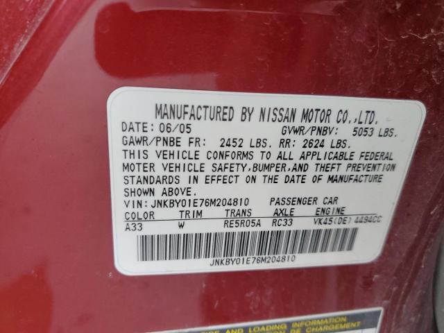 JNKBY01E76M204810 - 2006 INFINITI M45 BASE BURGUNDY photo 12