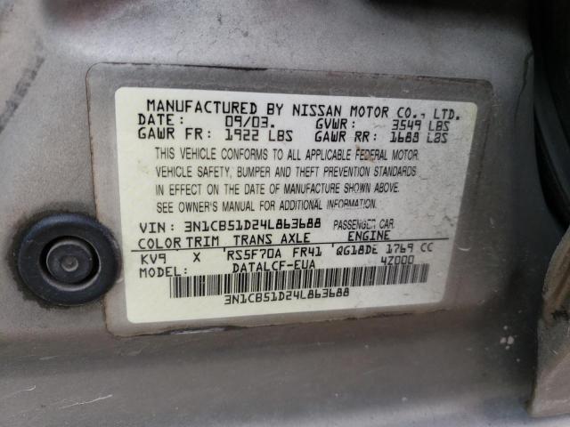 3N1CB51D24L863688 - 2004 NISSAN SENTRA 1.8 SILVER photo 12