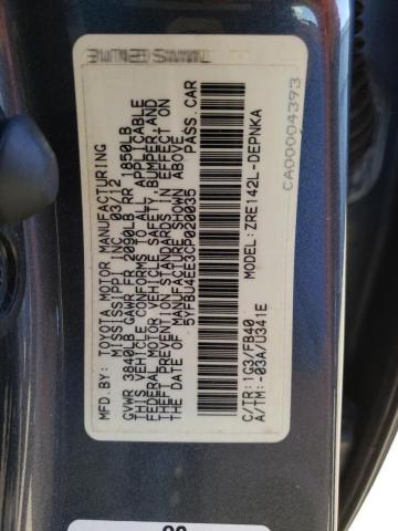 5YFBU4EE3CP020035 - 2012 TOYOTA COROLLA BASE GRAY photo 12