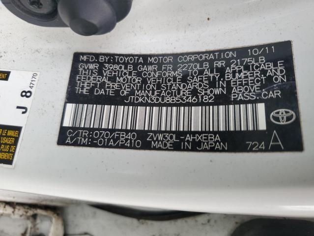 JTDKN3DU8B5346182 - 2011 TOYOTA PRIUS WHITE photo 12