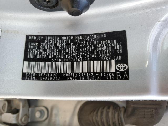 5YFBURHE7HP641441 - 2017 TOYOTA COROLLA L SILVER photo 12