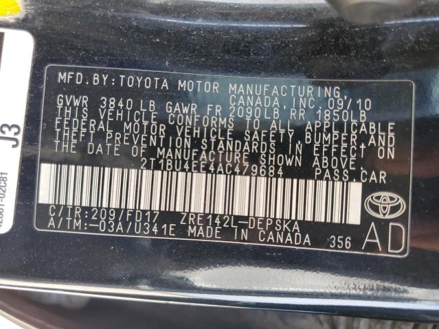 2T1BU4EE4AC479684 - 2010 TOYOTA COROLLA BASE BLACK photo 12