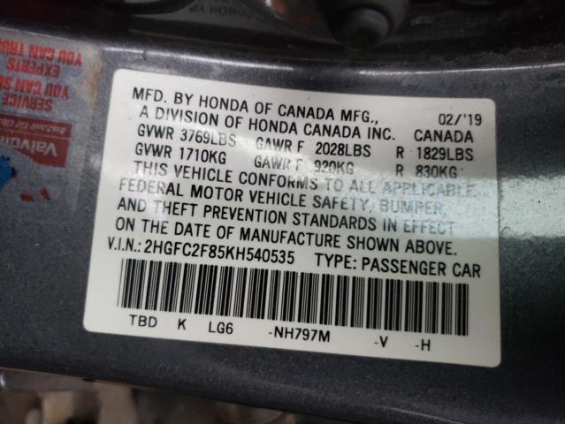 2HGFC2F85KH540535 - 2019 HONDA CIVIC SPORT GRAY photo 12