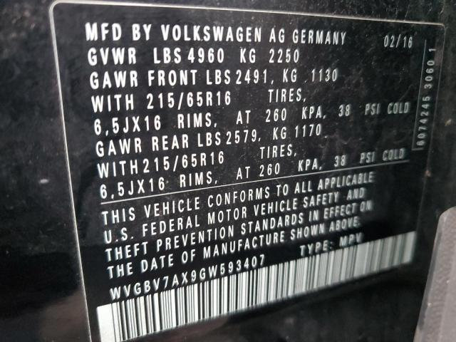 WVGBV7AX9GW593407 - 2016 VOLKSWAGEN TIGUAN S BLACK photo 12