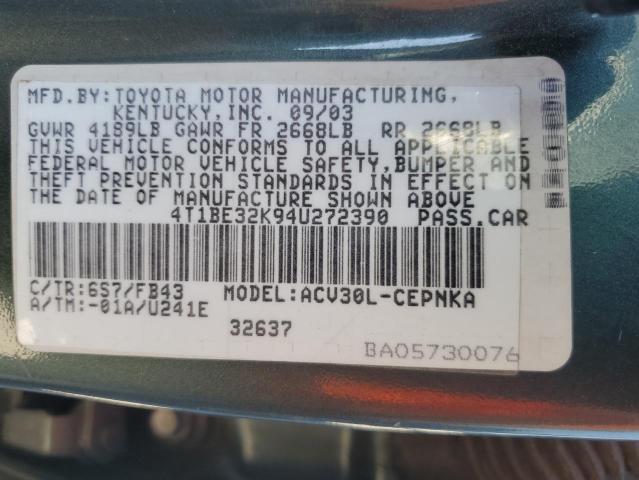 4T1BE32K94U272390 - 2004 TOYOTA CAMRY LE GREEN photo 12