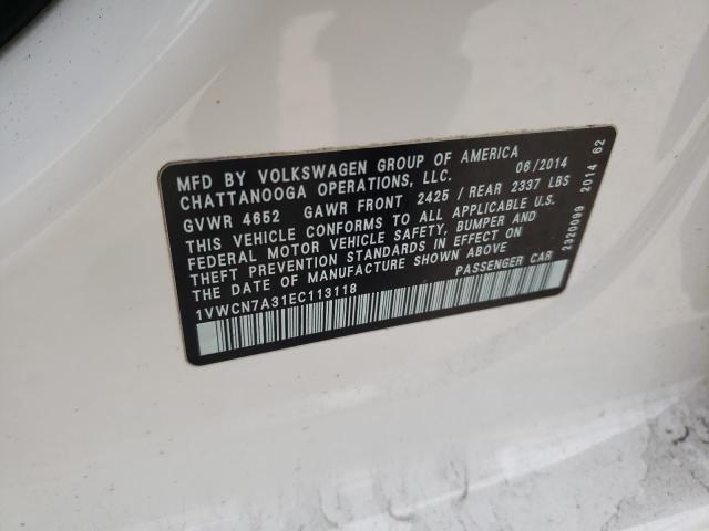 1VWCN7A31EC113118 - 2014 VOLKSWAGEN PASSAT SEL WHITE photo 13