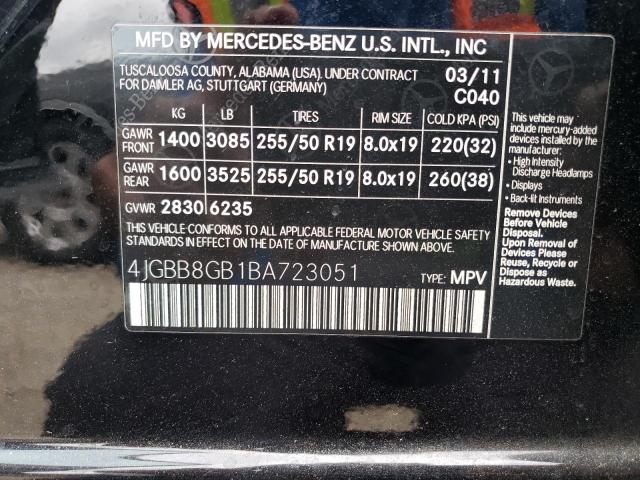 4JGBB8GB1BA723051 - 2011 MERCEDES-BENZ ML 350 4MATIC BLACK photo 13