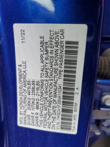 1HGCV1F33NA110341 - 2022 HONDA ACCORD SPORT BLUE photo 12