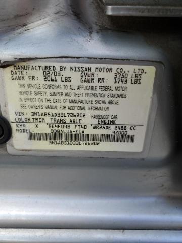 3N1AB51D33L726202 - 2003 NISSAN SENTRA SE-R SPEC V SILVER photo 13