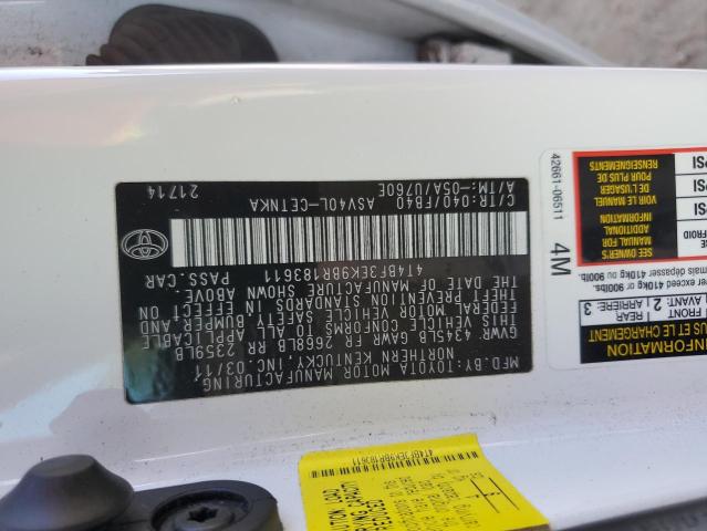 4T4BF3EK9BR183611 - 2011 TOYOTA CAMRY BASE WHITE photo 12