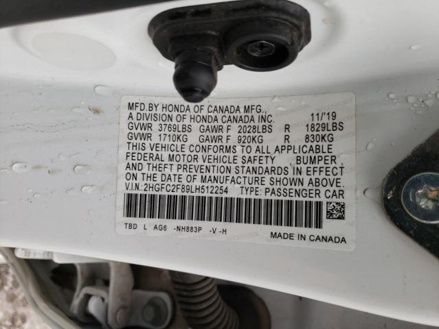 2HGFC2F89LH512254 - 2020 HONDA CIVIC SPORT WHITE photo 12