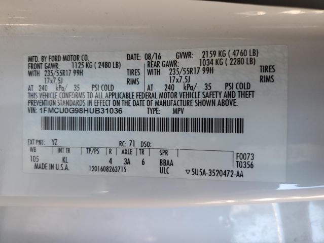 1FMCU0G98HUB31036 - 2017 FORD ESCAPE SE WHITE photo 13