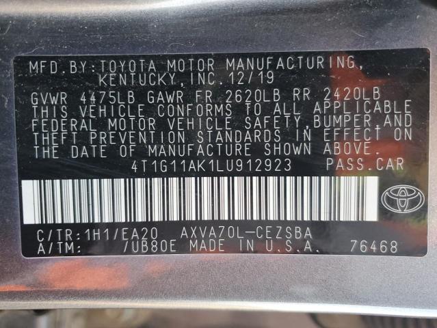 4T1G11AK1LU912923 - 2020 TOYOTA CAMRY SE GRAY photo 12