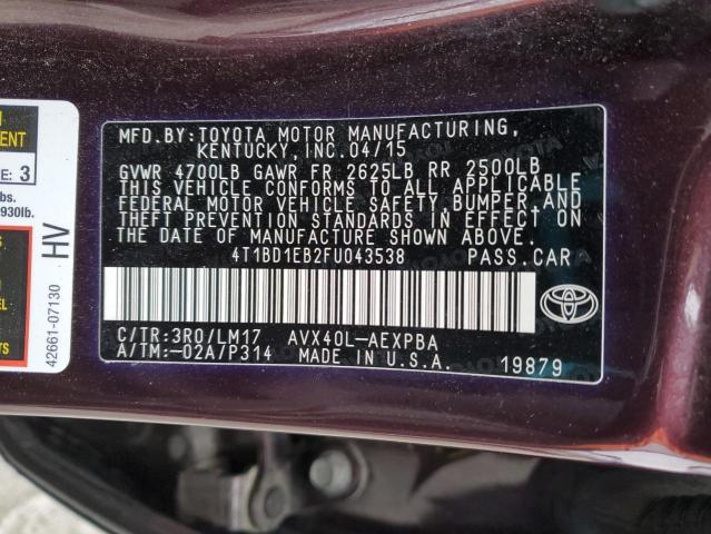 4T1BD1EB2FU043538 - 2015 TOYOTA AVALON HYBRID MAROON photo 12