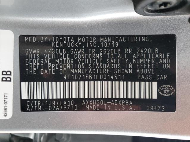 4T1D21FB1LU014511 - 2020 TOYOTA AVALON LIMITED SILVER photo 12
