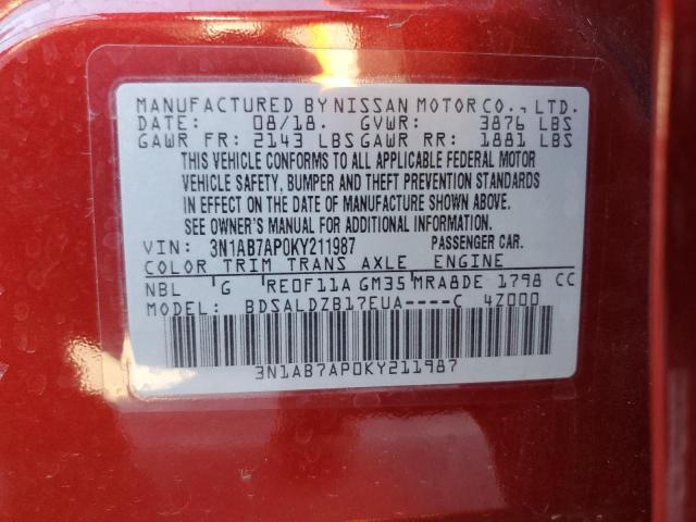 3N1AB7AP0KY211987 - 2019 NISSAN SENTRA S RED photo 12