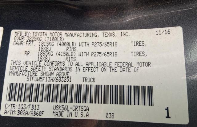 5TFUW5F13HX603251 - 2017 TOYOTA TUNDRA DOUBLE CAB SR/SR5 CHARCOAL photo 10