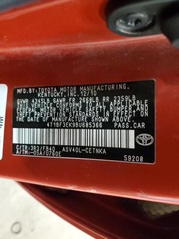 4T1BF3EK9BU685366 - 2011 TOYOTA CAMRY BASE RED photo 12