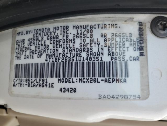 4T1BF28B51U140351 - 2001 TOYOTA AVALON XL WHITE photo 12