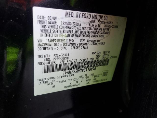 1FAHP25W39G118996 - 2009 FORD TAURUS LIMITED BLACK photo 12