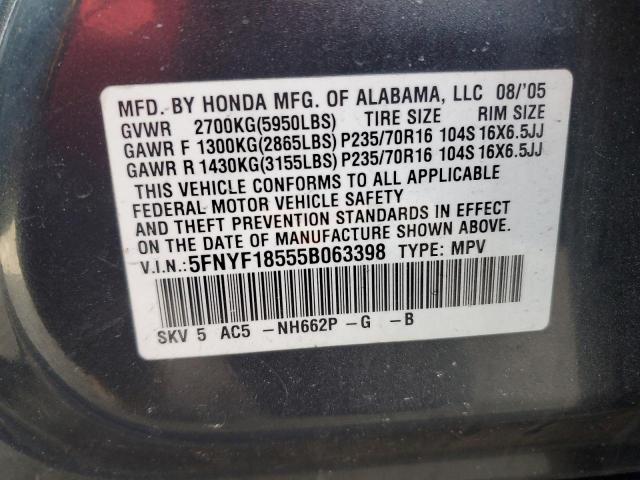 5FNYF18555B063398 - 2005 HONDA PILOT EXL GRAY photo 12