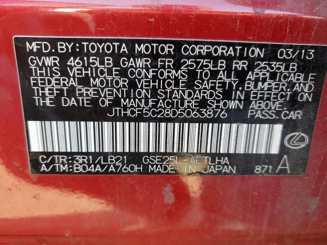 JTHCF5C28D5063876 - 2013 LEXUS IS 250 RED photo 12