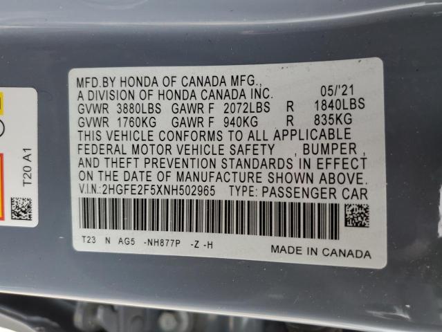 2HGFE2F5XNH502965 - 2022 HONDA CIVIC SPORT GRAY photo 12