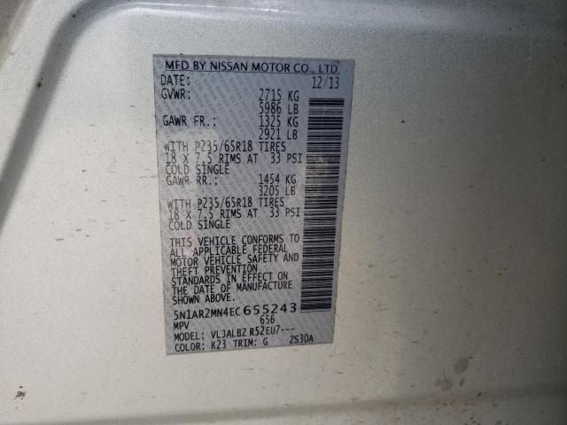 5N1AR2MN4EC655243 - 2014 NISSAN PATHFINDER S SILVER photo 14
