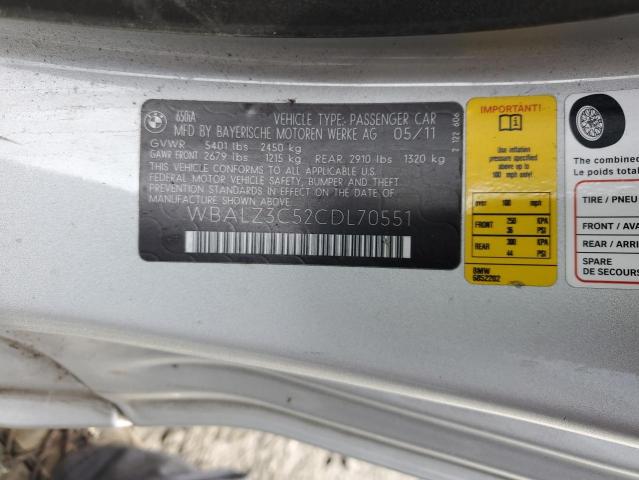 WBALZ3C52CDL70551 - 2012 BMW 650 I SILVER photo 12