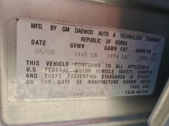 KL1TD66E49B306599 - 2009 CHEVROLET AVEO LS SILVER photo 12