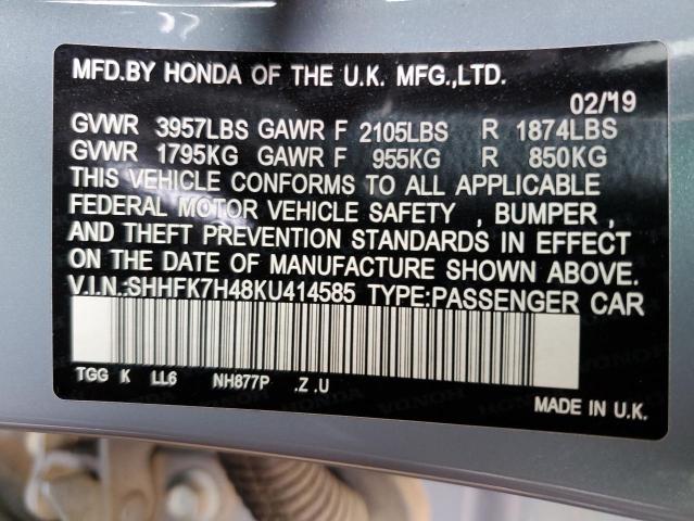 SHHFK7H48KU414585 - 2019 HONDA CIVIC SPORT 蓝色 照片 12