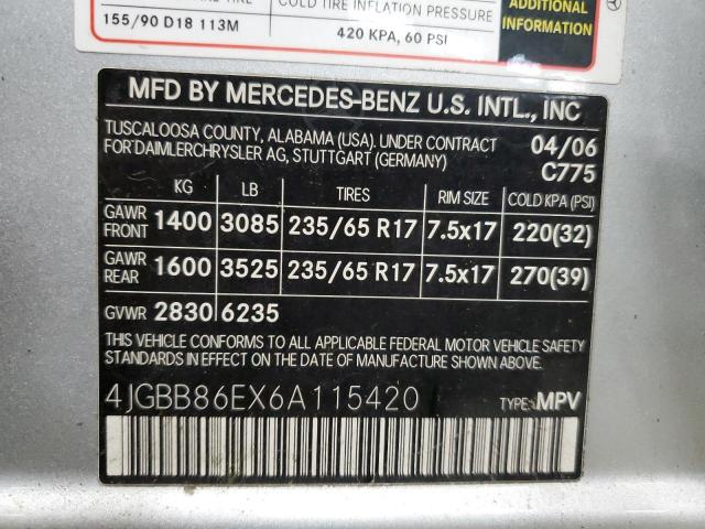 4JGBB86EX6A115420 - 2006 MERCEDES-BENZ ML 350 SILVER photo 12