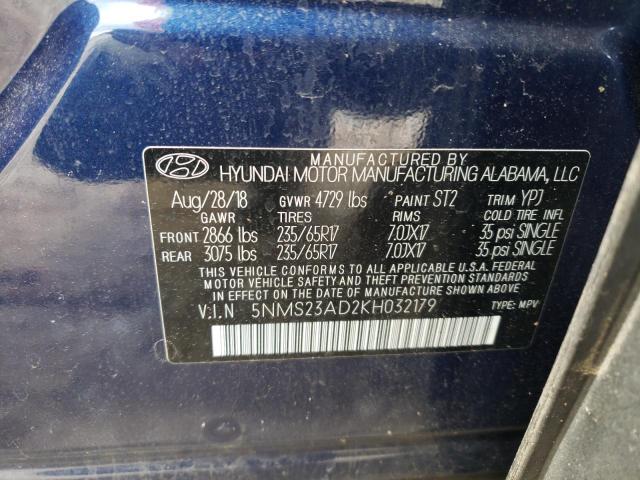 5NMS23AD2KH032179 - 2019 HYUNDAI SANTA FE SE BLUE photo 12