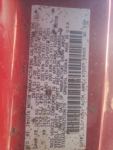 5TEUU42N38Z539679 - 2008 TOYOTA TACOMA ACCESS CAB წითელი ფოტო 12