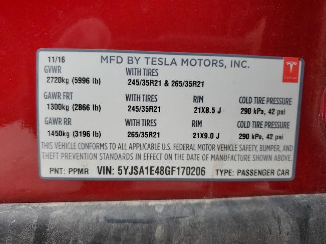 5YJSA1E48GF170206 - 2016 TESLA MODEL S წითელი ფოტო 13