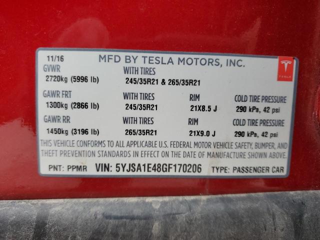 5YJSA1E48GF170206 - 2016 TESLA MODEL S RED photo 13