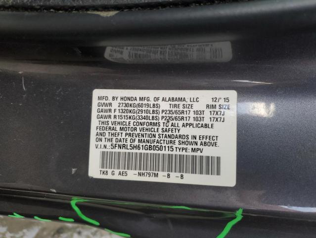 5FNRL5H61GB050115 - 2016 HONDA ODYSSEY EXL GRAY photo 12