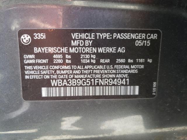 WBA3B9G51FNR94941 - 2015 BMW 335 XI GRAY photo 12