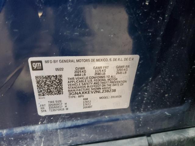 3GNAXKEV2NL238238 - 2022 CHEVROLET EQUINOX LT BLUE photo 13