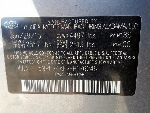 5NPE24AF2FH176246 - 2015 HYUNDAI SONATA SE GRAY photo 10