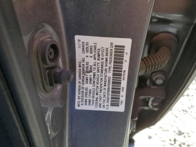 2HGFC2F80KH509922 - 2019 HONDA CIVIC SPORT CHARCOAL photo 12