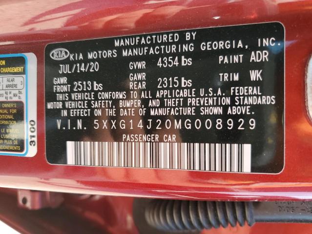 5XXG14J20MG008929 - 2021 KIA K5 LXS RED photo 12