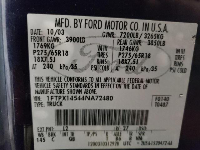 1FTPX14544NA72480 - 2004 FORD F150 BLUE photo 12