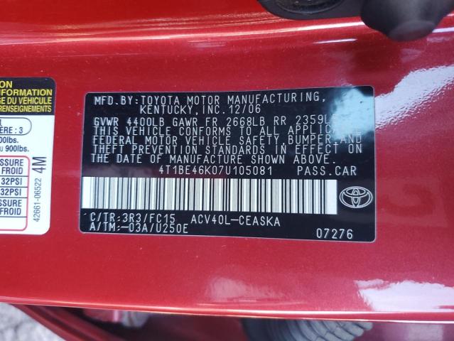 4T1BE46K07U105081 - 2007 TOYOTA CAMRY CE RED photo 13