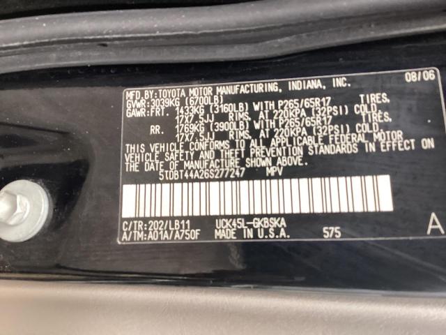 5TDBT44A26S277247 - 2006 TOYOTA SEQUOIA SR5 BLACK photo 10