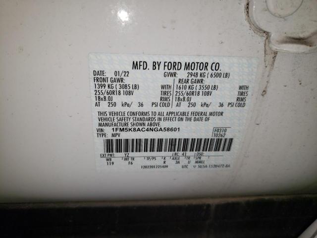 1FM5K8AC4NGA58601 - 2022 FORD EXPLORER POLICE INTERCEPTOR Սպիտակ լուսանկար 12