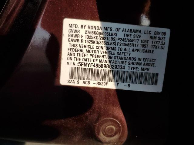 5FNYF48589B029334 - 2009 HONDA PILOT EXL BURGUNDY photo 13