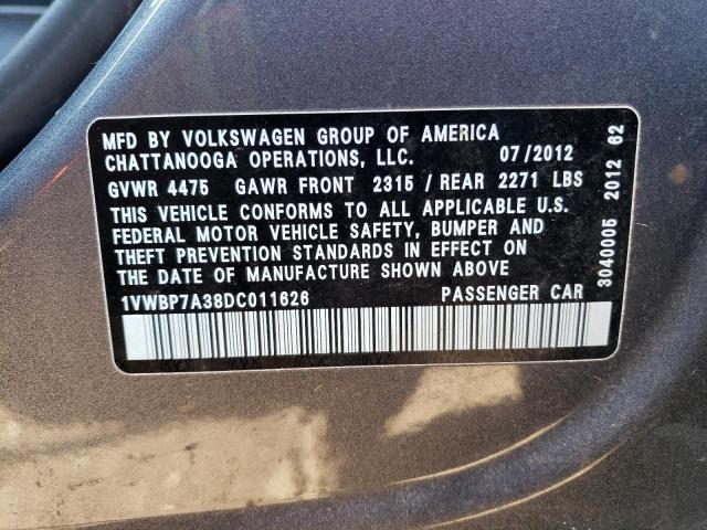 1VWBP7A38DC011626 - 2013 VOLKSWAGEN PASSAT SE GRAY photo 12