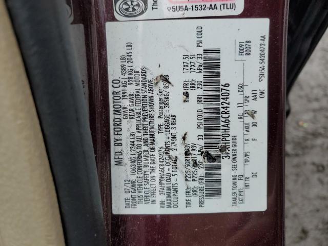 3FAHP0HA6CR424076 - 2012 FORD FUSION SE BURGUNDY photo 12